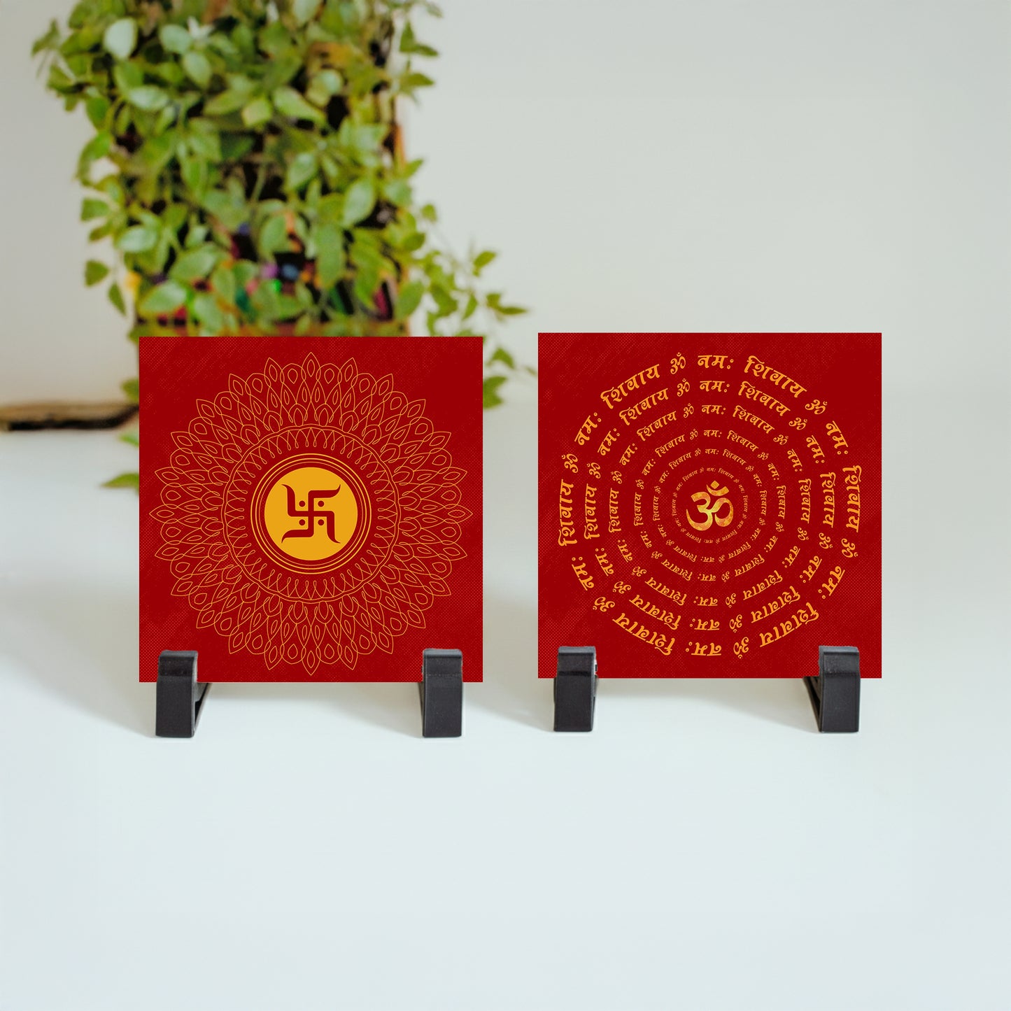 Ceramic tile with Swastika and Om illustration — symbolizes prosperity and blessings.
