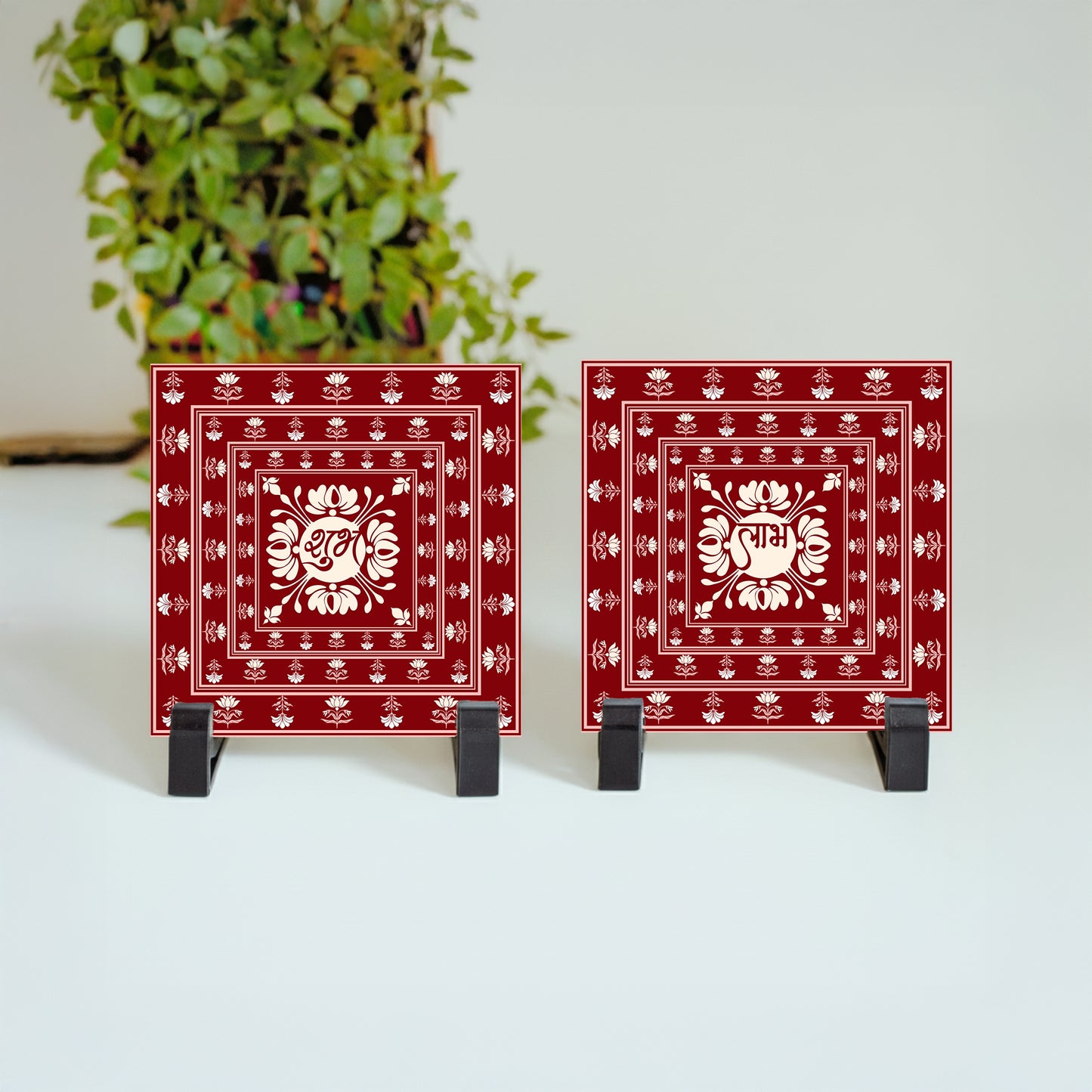 Premium ceramic tile featuring “Shubh” & "Laabh" design with ethnic detailing.