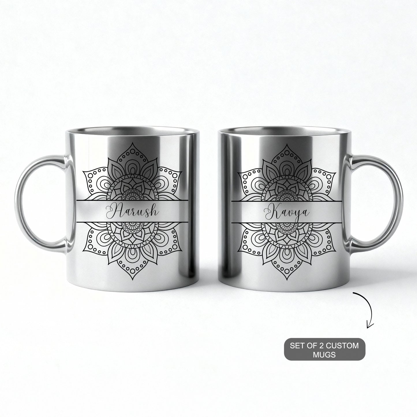 Silver metallic mug with customizable name — personalized festive keepsake.