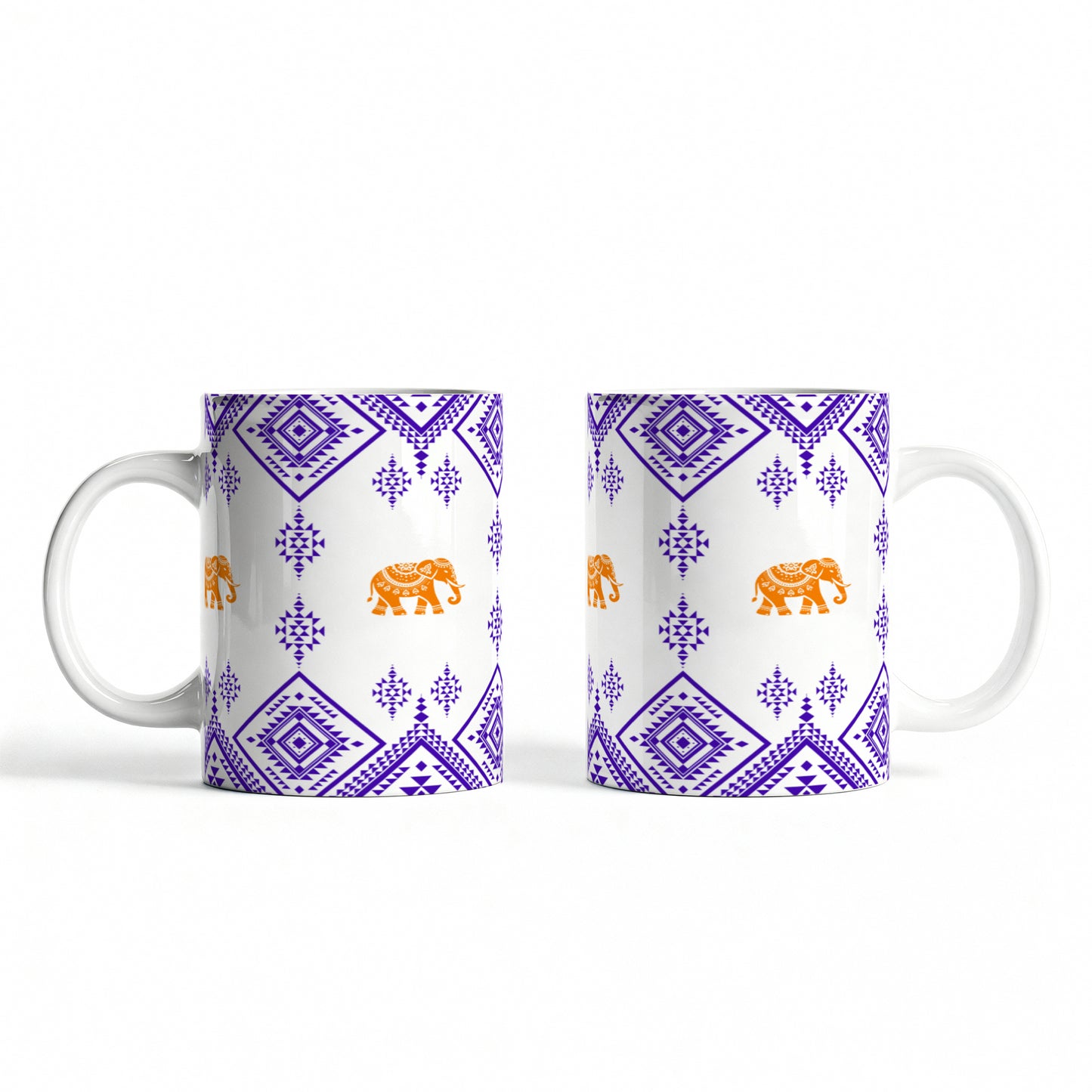 White ceramic mug with ethnic design — personal festive keepsake.