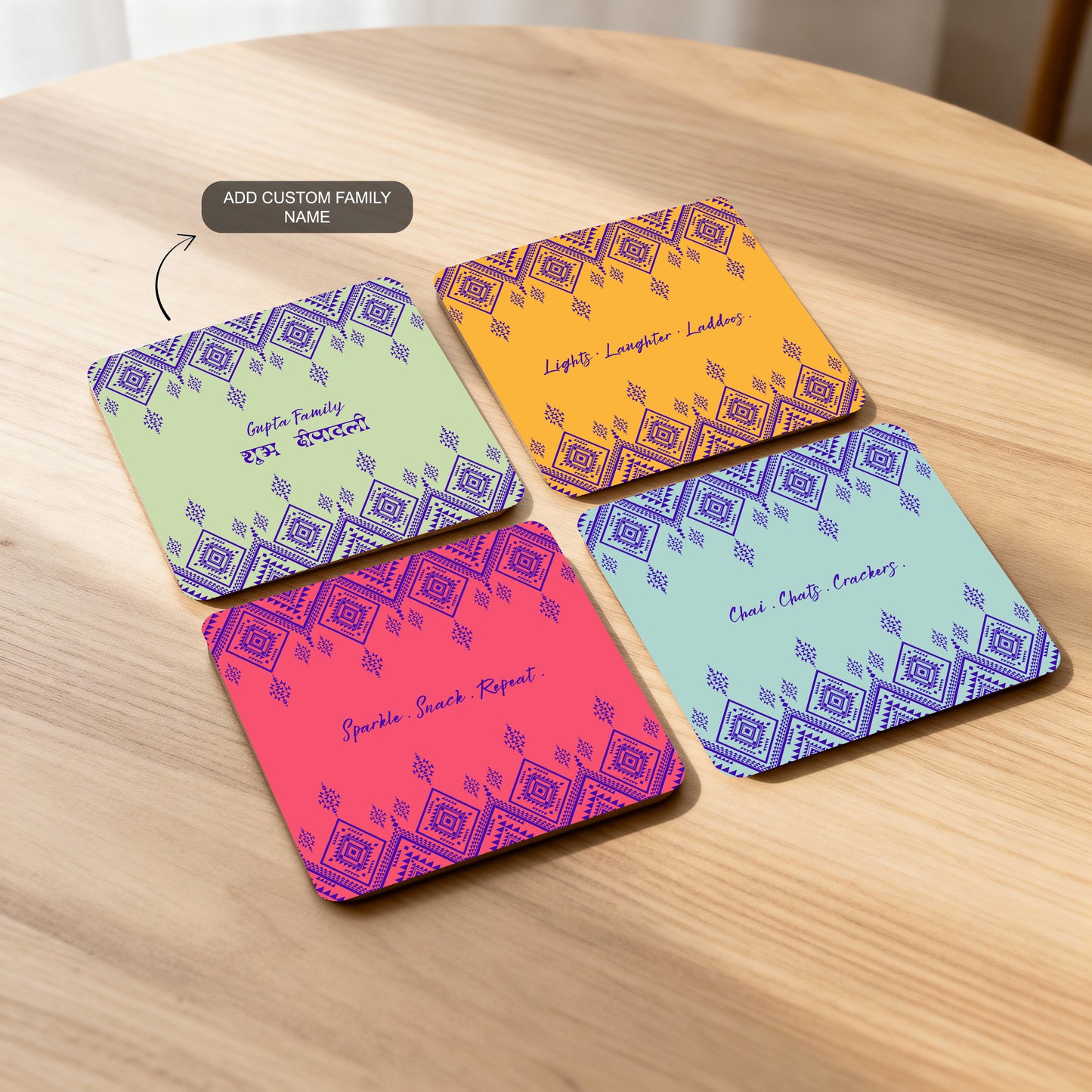 Set of 4 square coasters with 1 customizable coaster for name