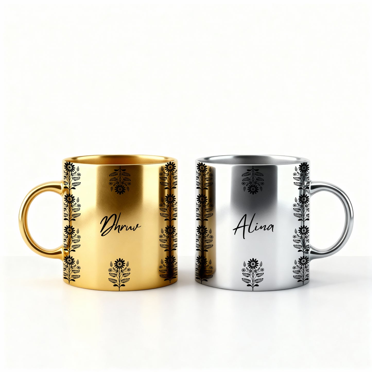 Metallic golden & silver mug with ethnic festive design and customizable name.