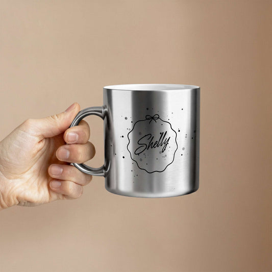 Silver metallic mug with personalized name in gift wrap style