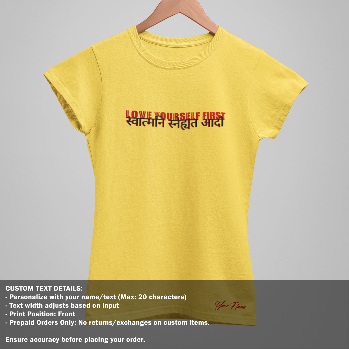 Love Yourself First - Sanskrit Quote - Yellow TShirt - Women