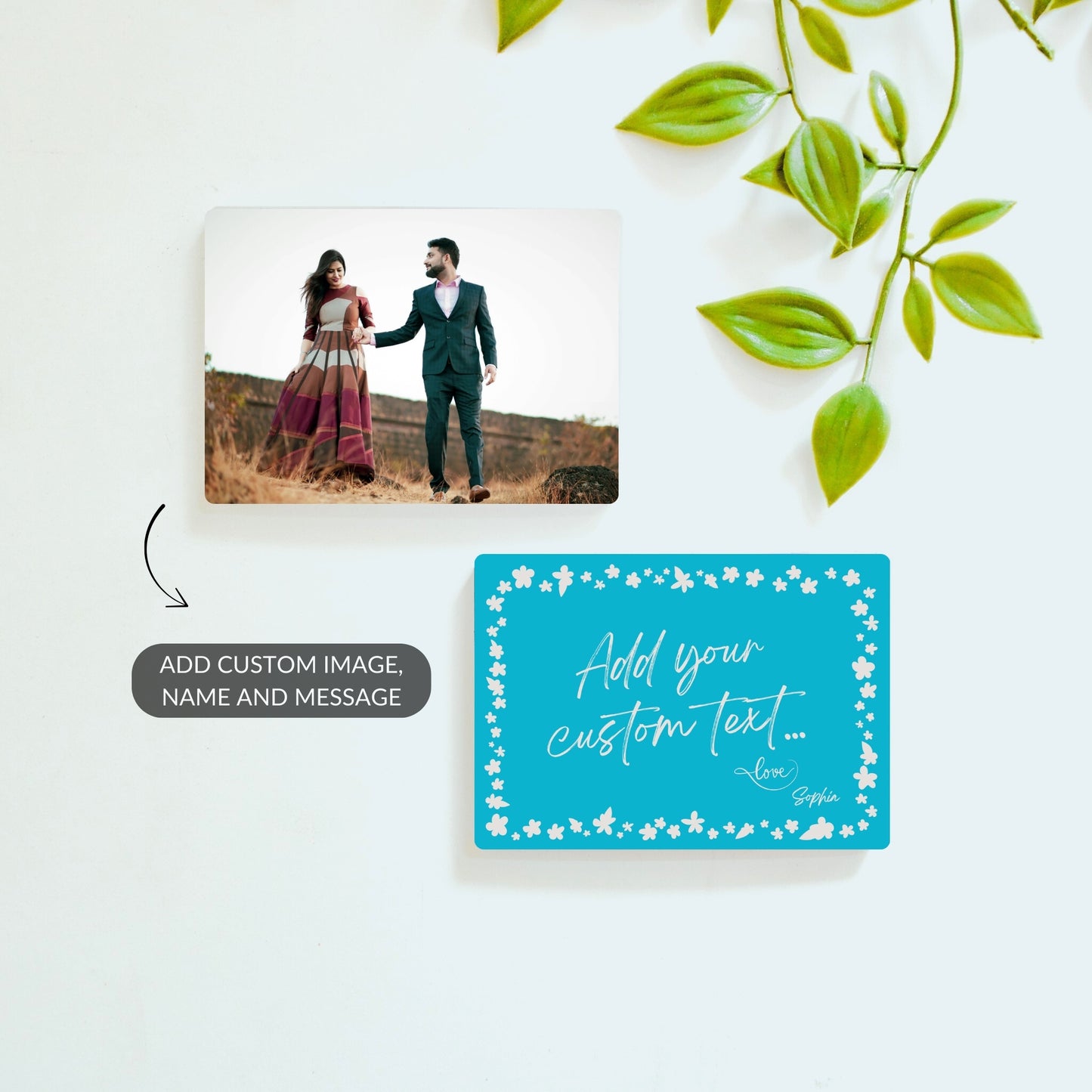 Custom photo and cute blue message fridge magnet set – personalized gift bundle