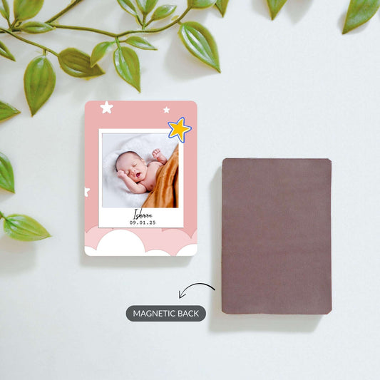 Front and back view of A Little Star custom baby magnet and Our Little Miracle photo magnet.