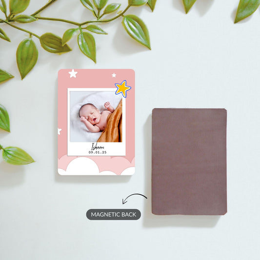 Front and back view of A Little Star custom baby magnet and Our Little Miracle photo magnet.