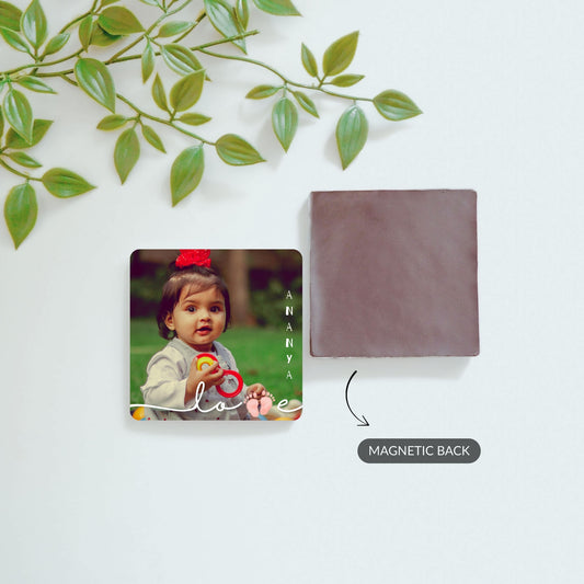 Front and back view of Little Wonder, Mommy’s World, and Daddy’s Pride custom magnets.