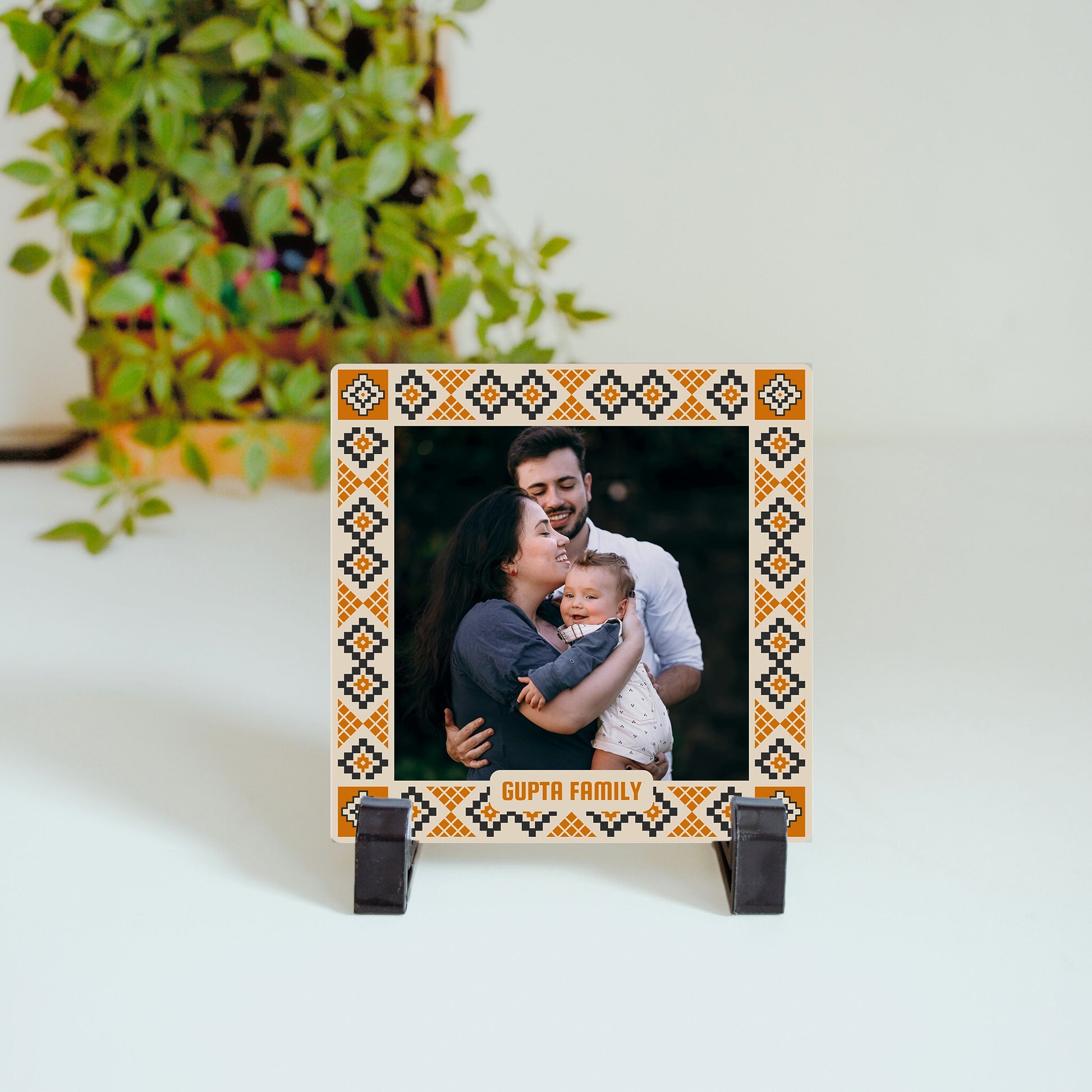 Custom ceramic tile displaying customer’s photo and name placeholder, glossy finish for keepsake gifting.