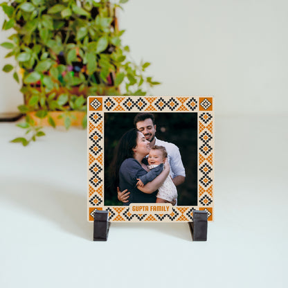 Custom ceramic tile displaying customer’s photo and name placeholder, glossy finish for keepsake gifting.