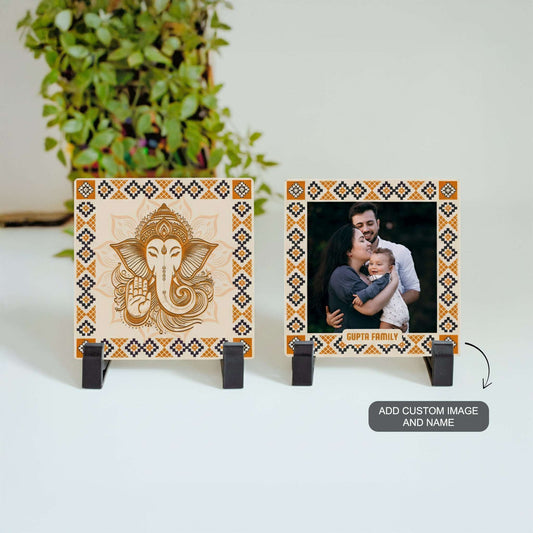 Set of 2 festive ceramic tiles — Ganesha illustration tile paired with a custom photo tile, styled for gifting.