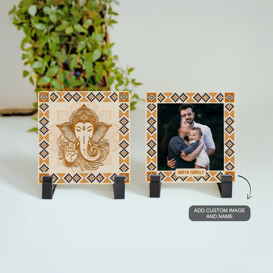 Set of 2 festive ceramic tiles — Ganesha illustration tile paired with a custom photo tile, styled for gifting.