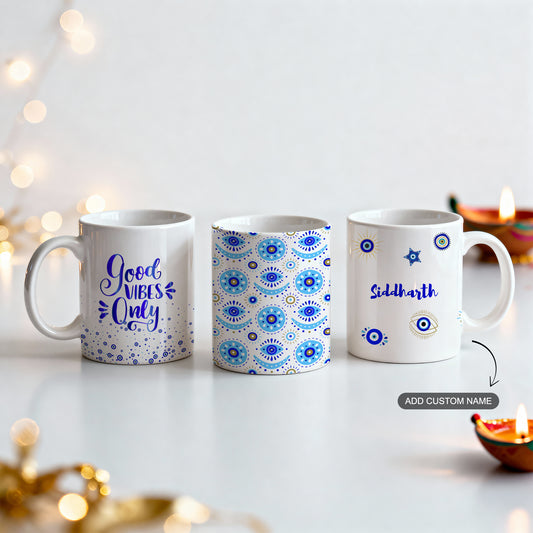Festive set of 3 white ceramic mugs with evil eye theme and custom name option.