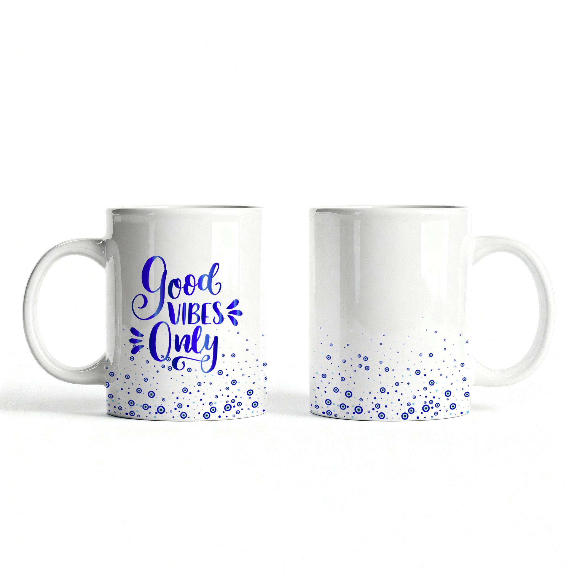 White ceramic mug with “Good Vibes Only” text design.