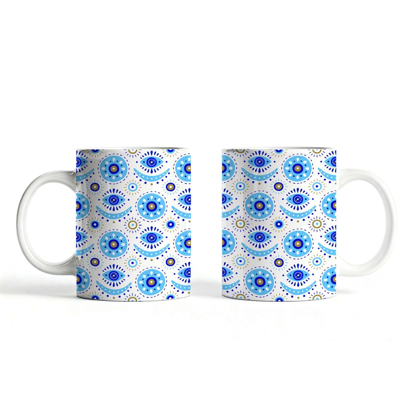 White ceramic mug featuring traditional evil eye design.