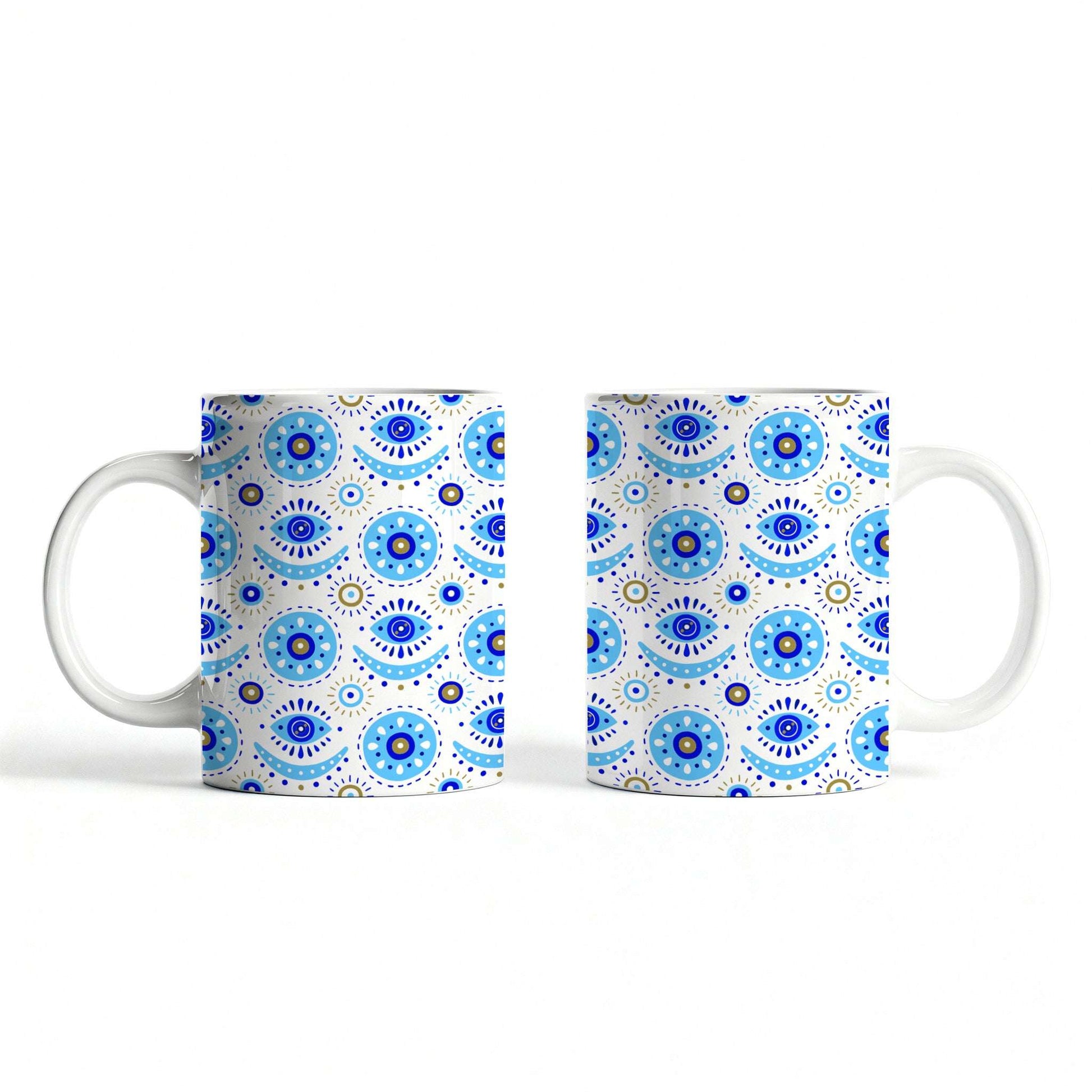 White ceramic mug featuring traditional evil eye design.