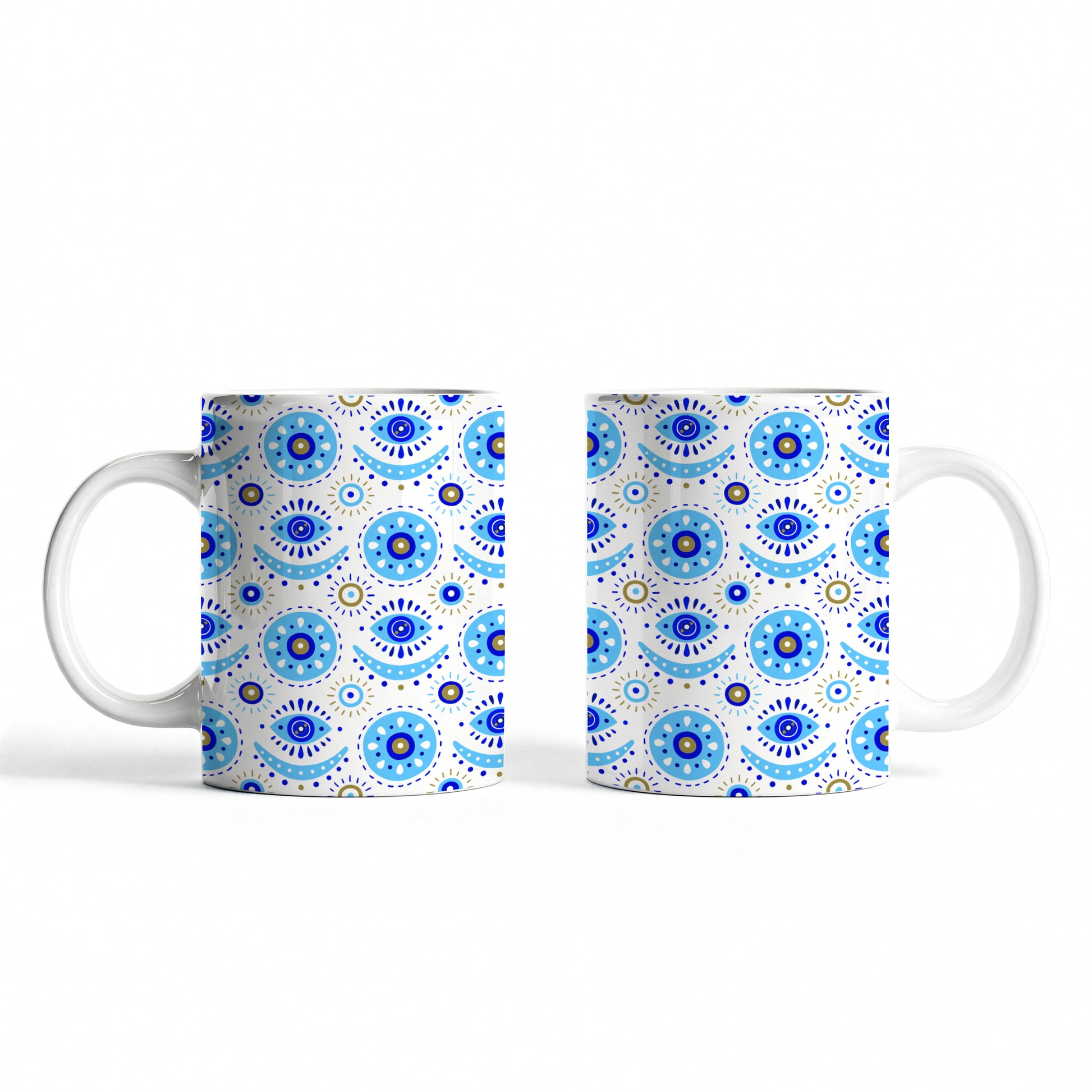 White ceramic mug featuring traditional evil eye design.