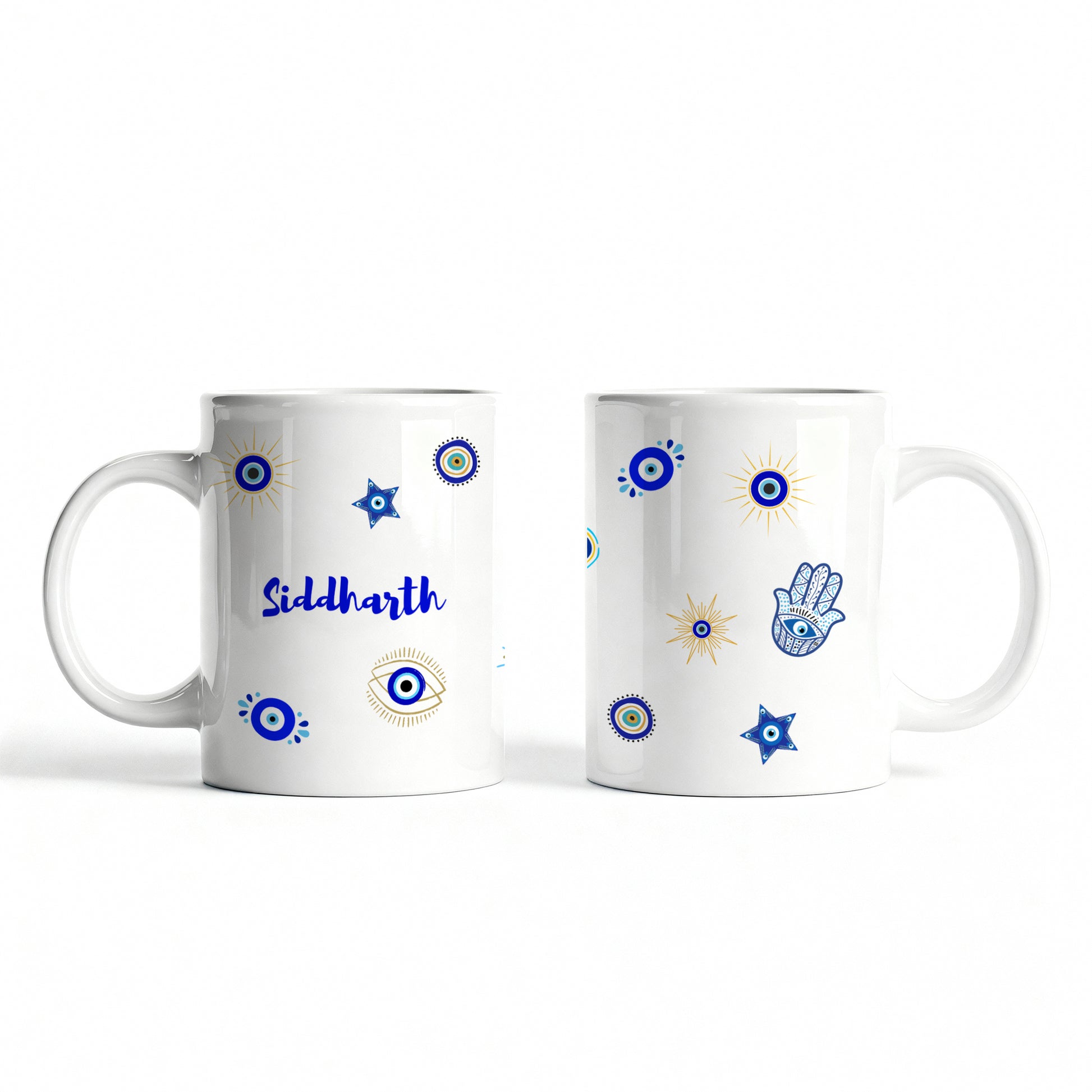 Customizable white ceramic mug with name and evil eye motifs.