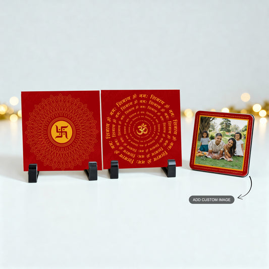 Festive gifting bundle with 2 ceramic tiles featuring Swastika and Om designs, and 1 custom photo magnet.