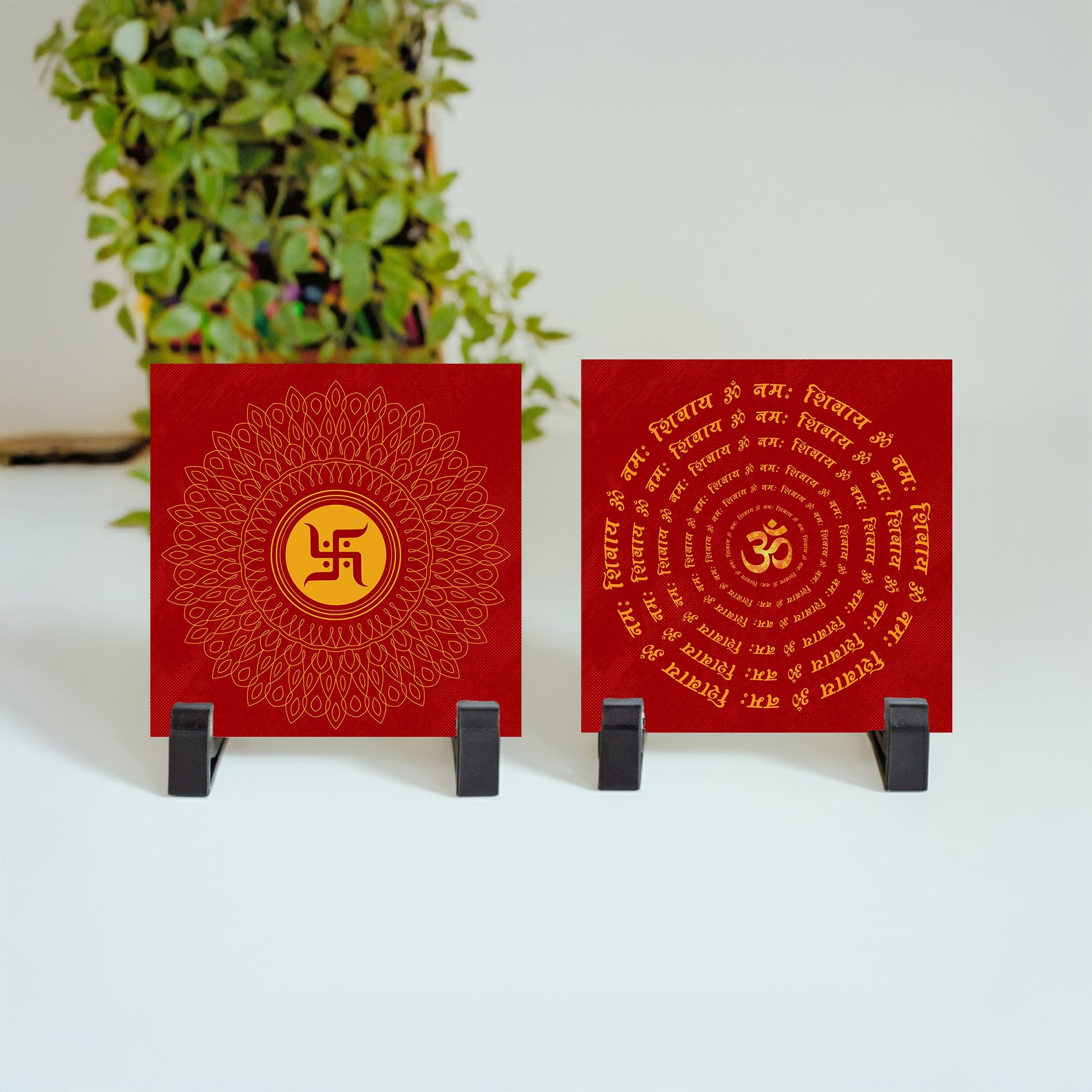 Ceramic tile with Swastika and Om illustration — symbolizes prosperity and blessings.