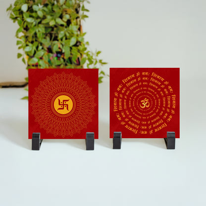 Ceramic tile with Swastika and Om illustration — symbolizes prosperity and blessings.