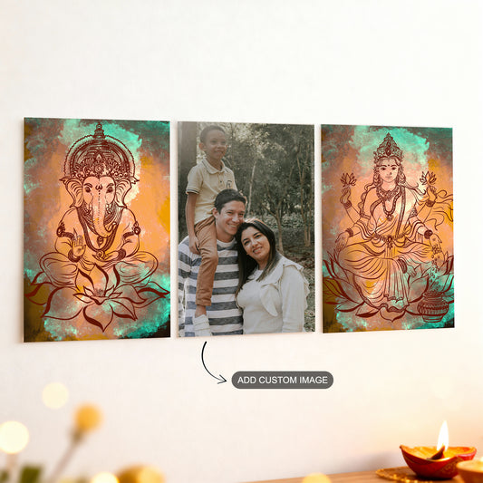 Set of 3 festive metal prints with Ganesha, Lakshmi, and a customizable photo design.