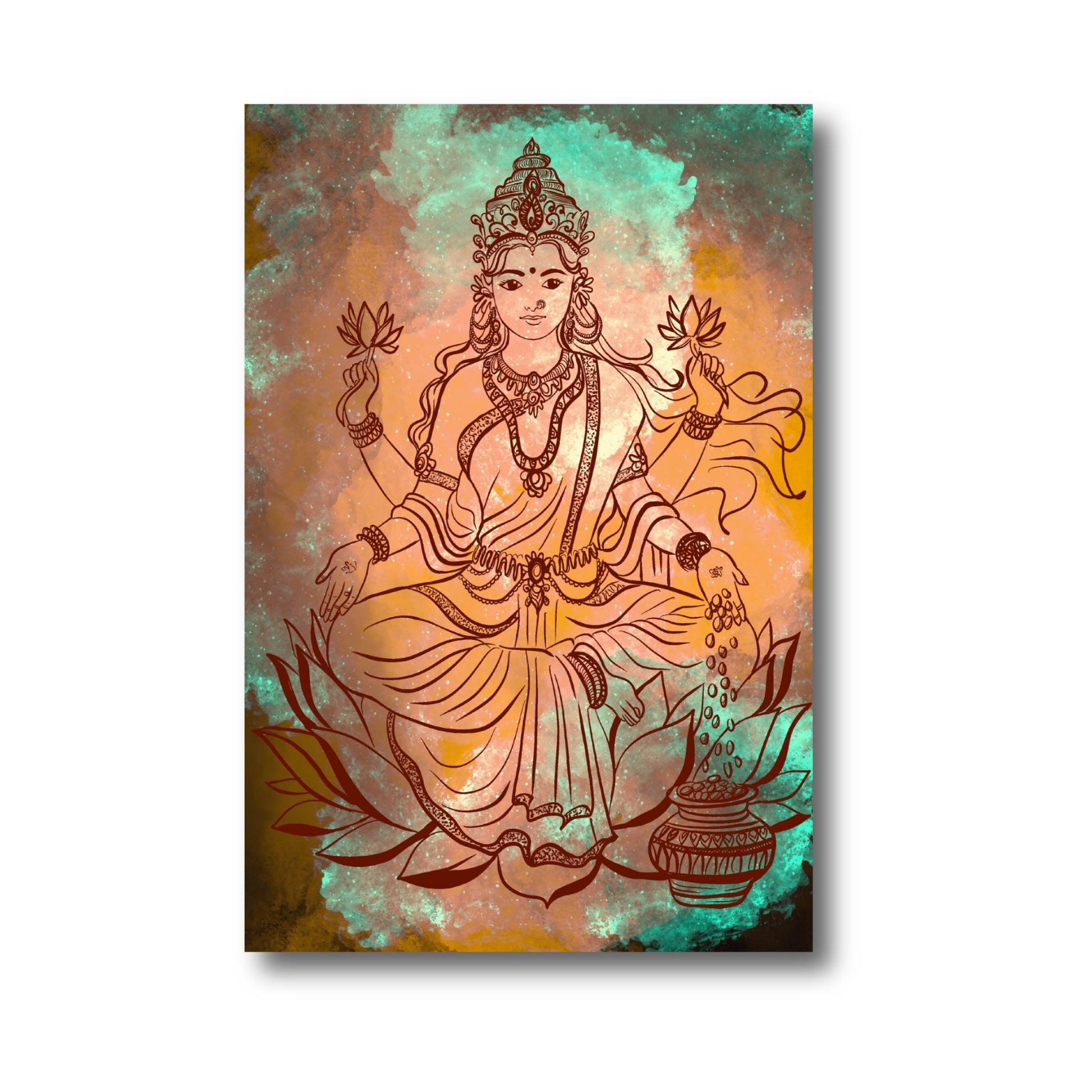Premium metal print featuring Lakshmi illustration symbolizing wealth and abundance.