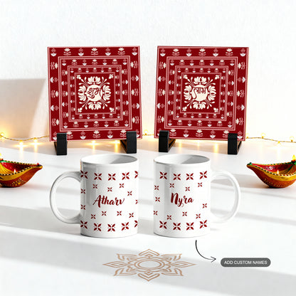 Festive gift bundle with Shubh Labh ceramic tiles and personalized name mugs.