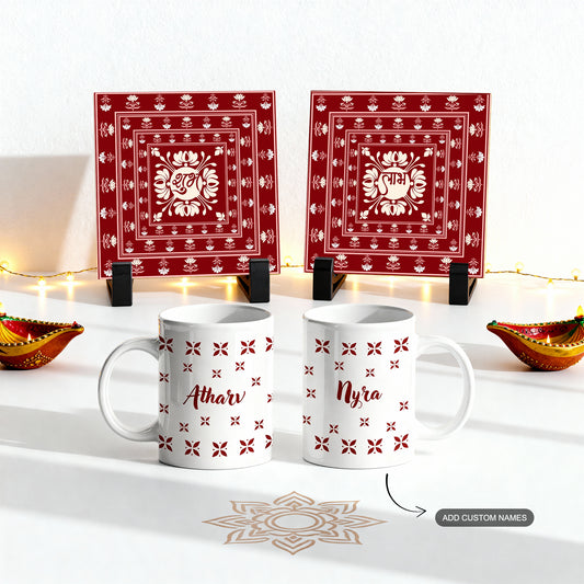 Festive gift bundle with Shubh Labh ceramic tiles and personalized name mugs.