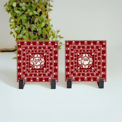 Premium ceramic tile featuring “Shubh” & "Laabh" design with ethnic detailing.
