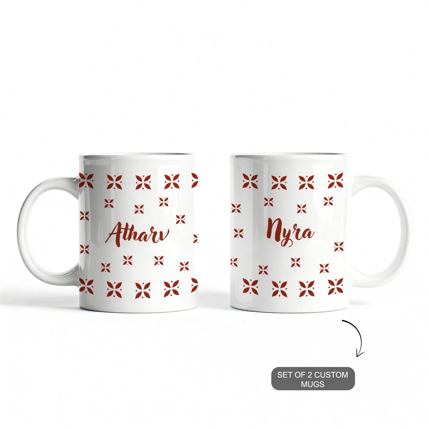 White ceramic mugs with custom name and festive ethnic design.