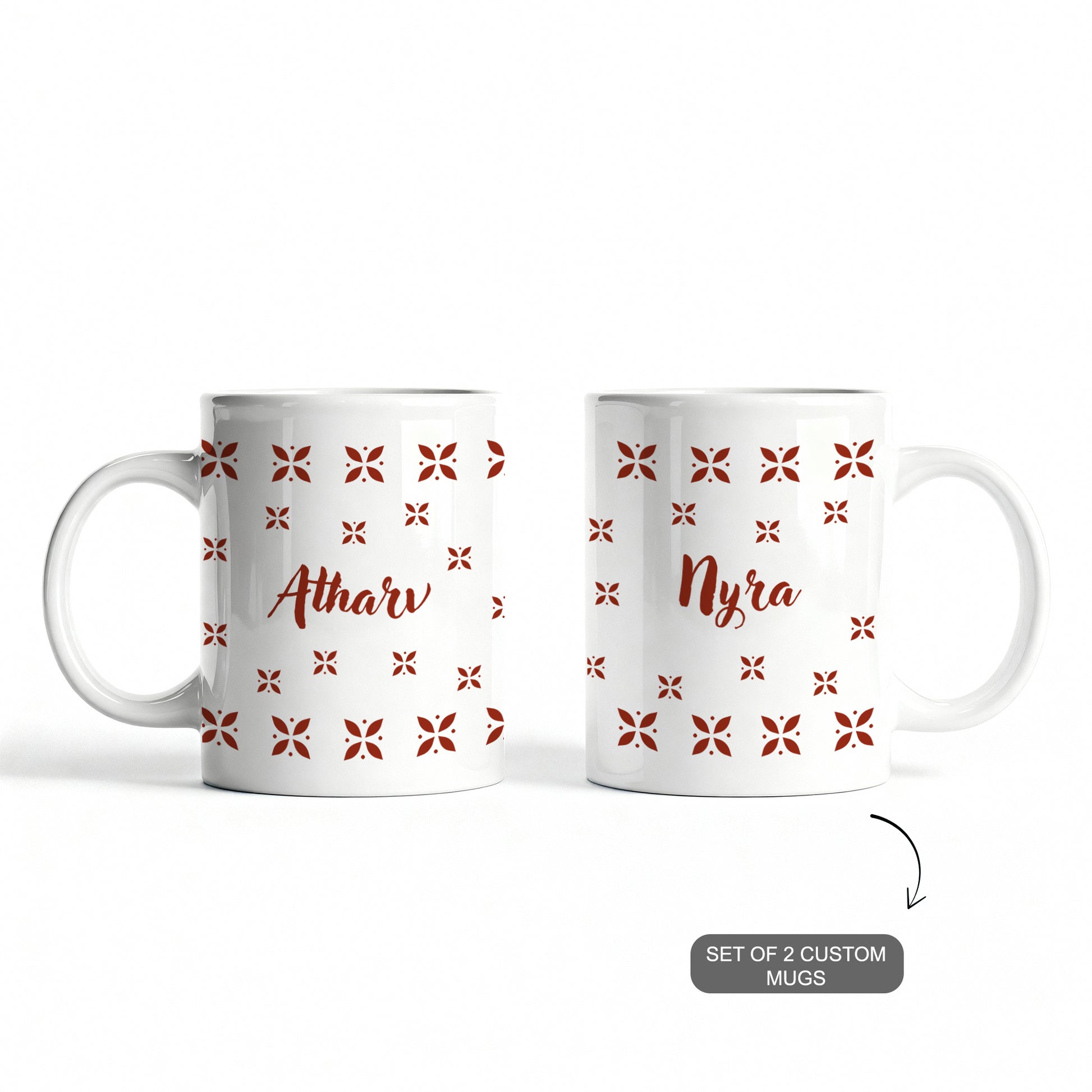 White ceramic mugs with custom name and festive ethnic design.