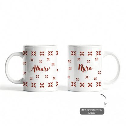 White ceramic mugs with custom name and festive ethnic design.