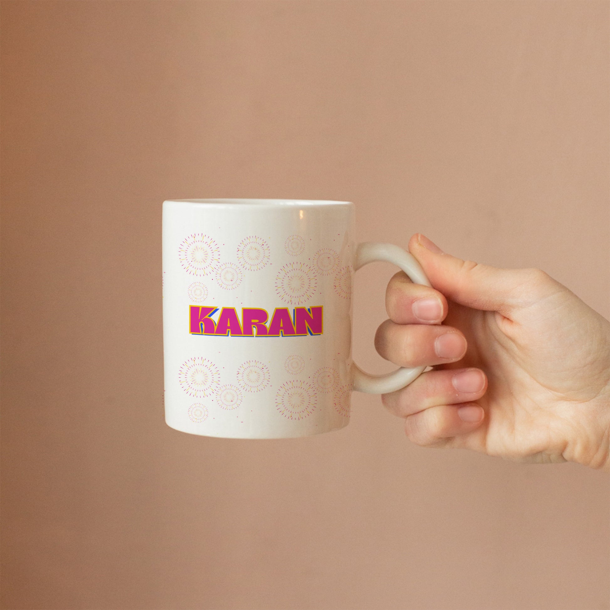 hand holding custom mug