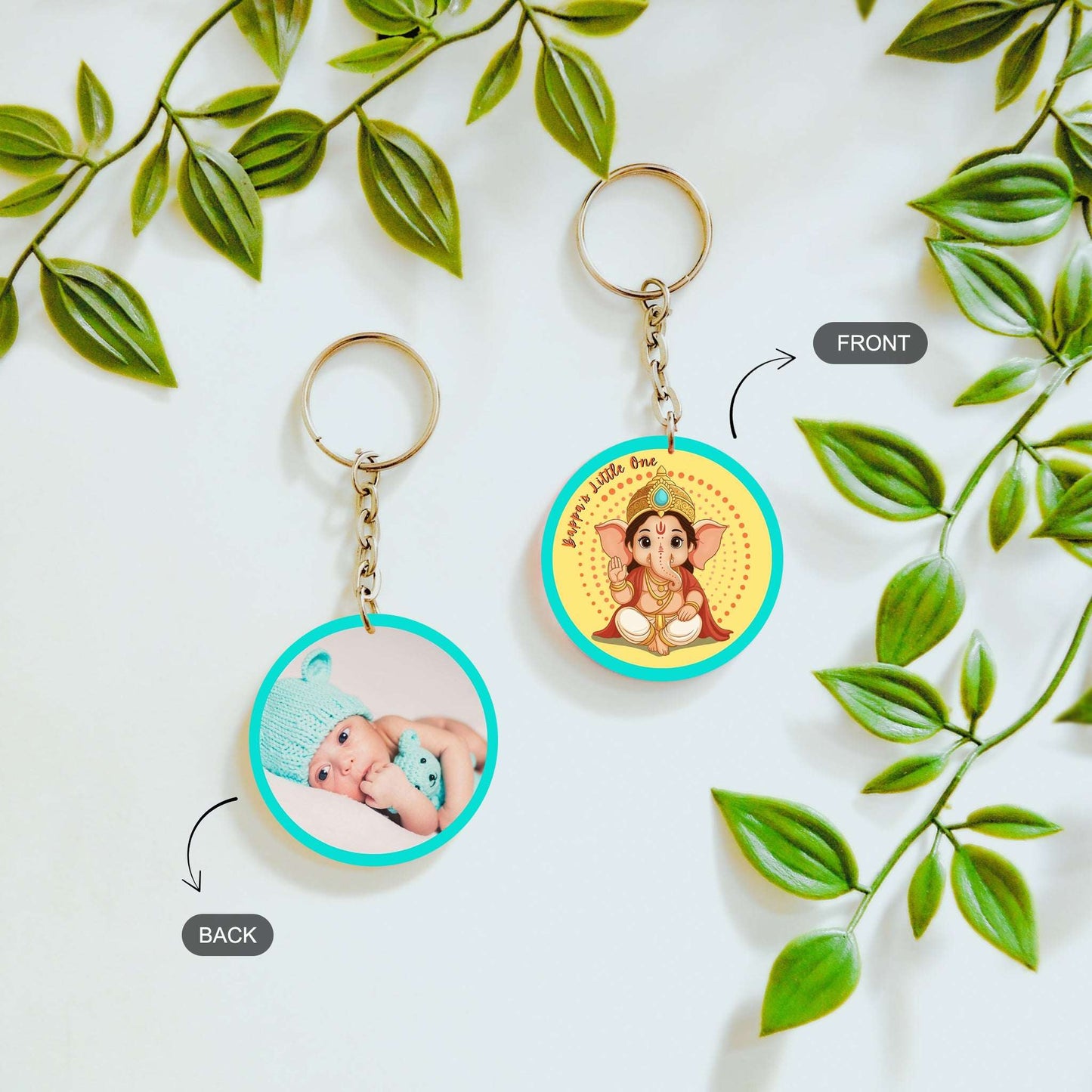 front and back of personalized double sided keychain
