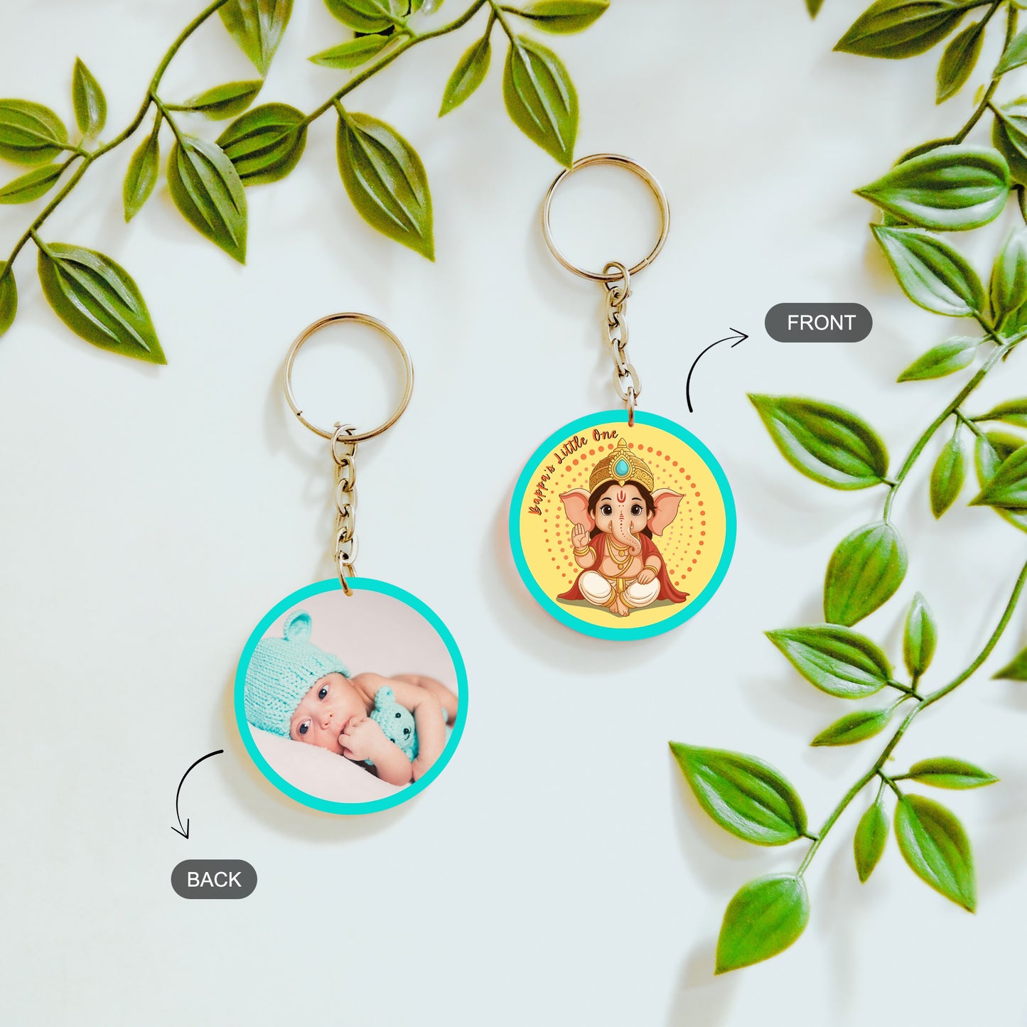 front and back of personalized double sided keychain