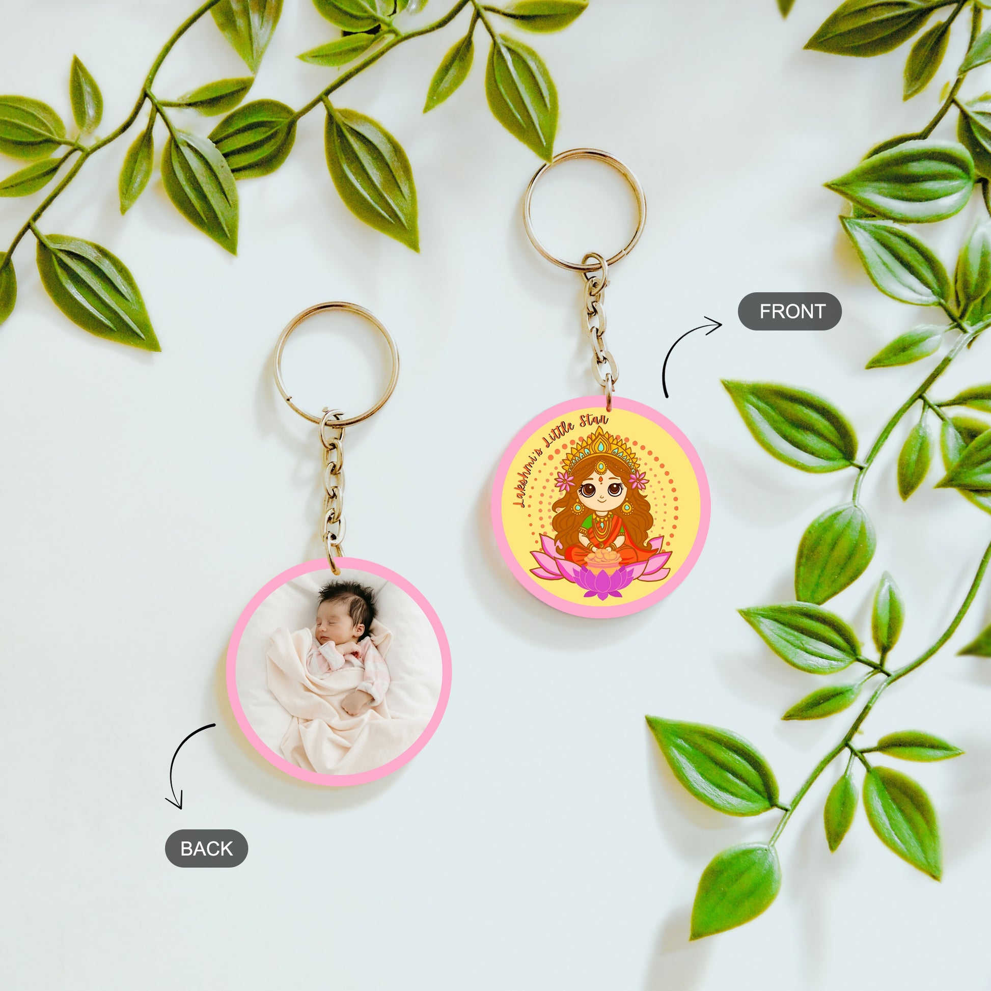 front and back of personalized baby double sided keychain