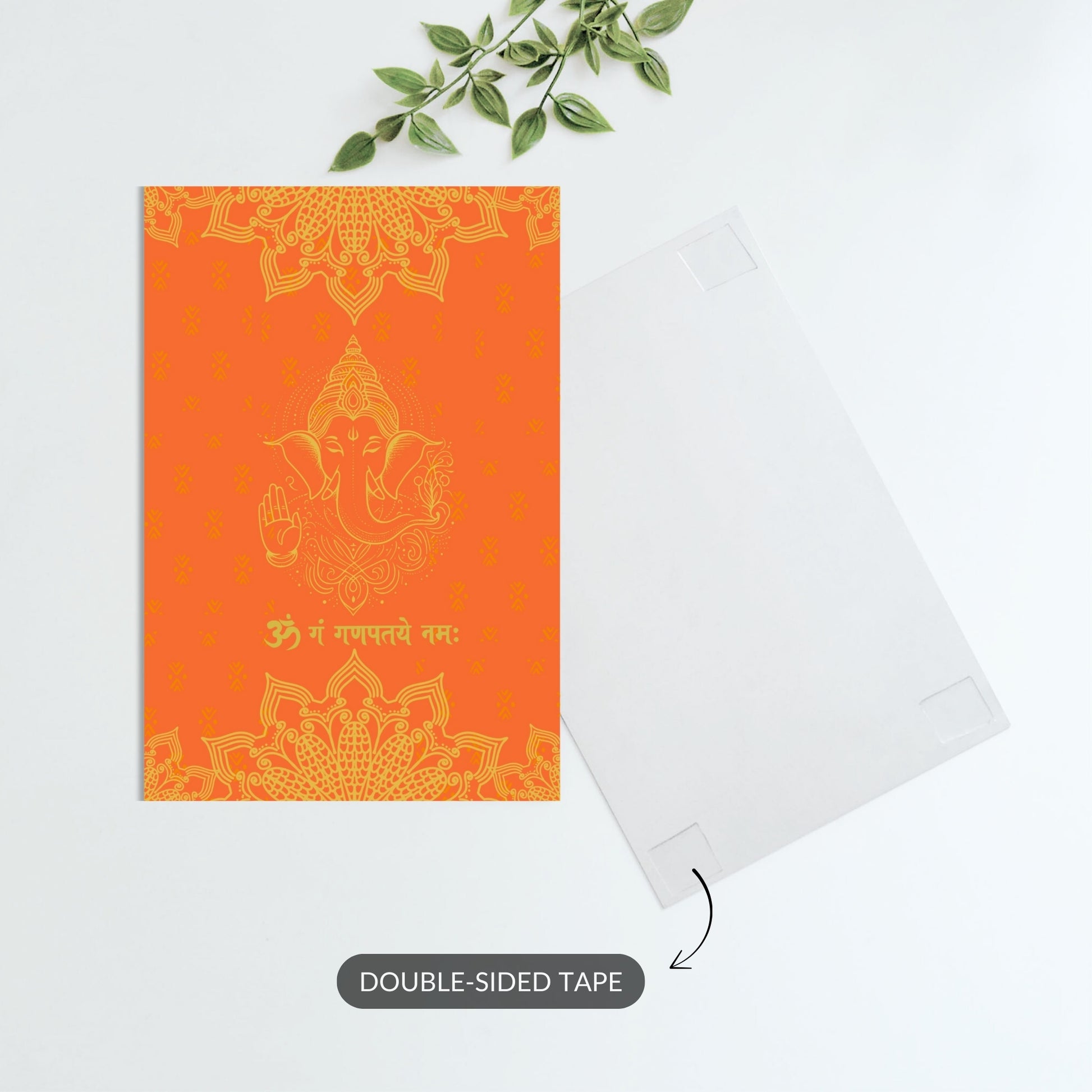 Metal print featuring Ganesha illustration with Om Gan Ganpataye Namah written in Sanskrit.