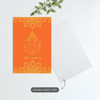 Metal print featuring Ganesha illustration with Om Gan Ganpataye Namah written in Sanskrit.