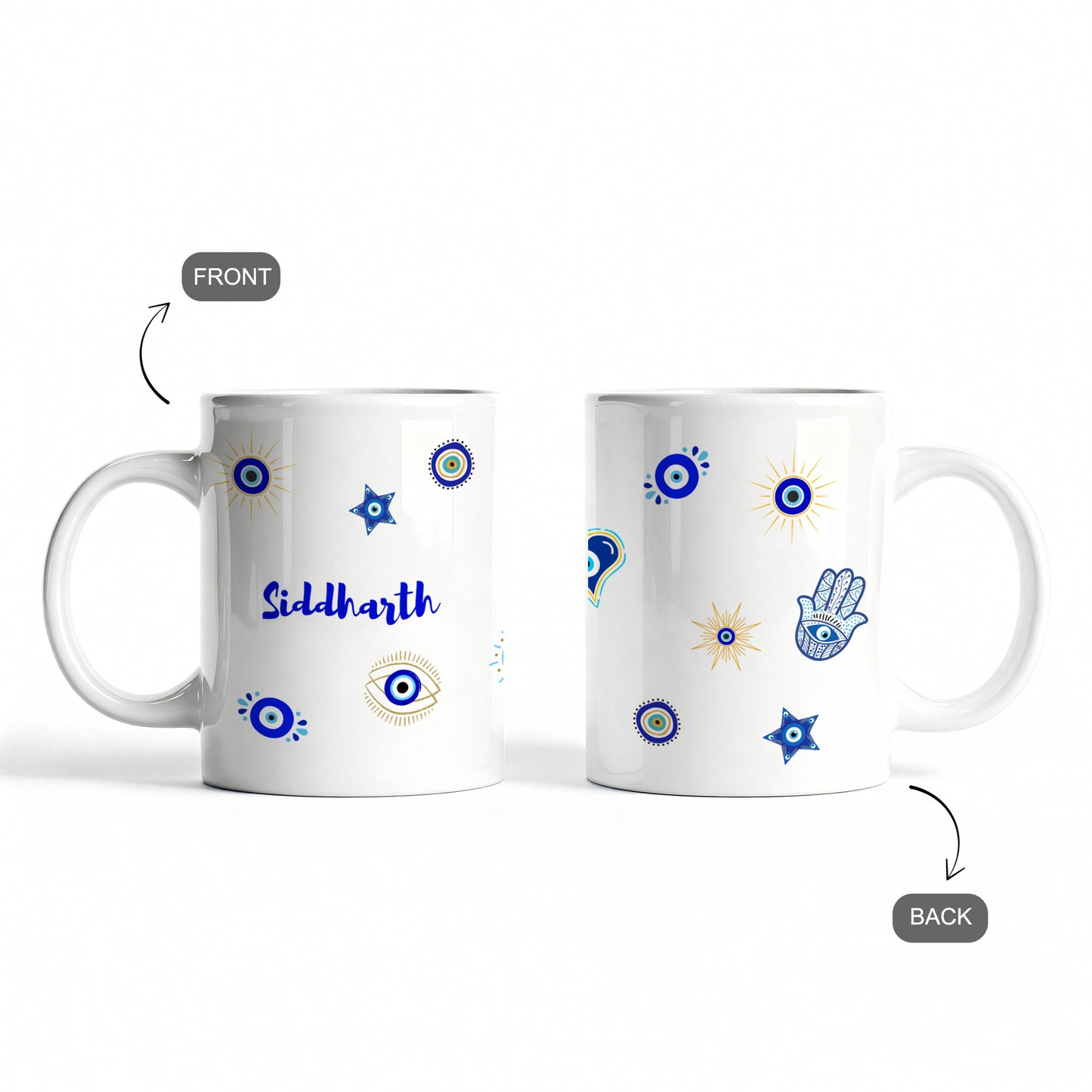 Evil eye design mug with custom name