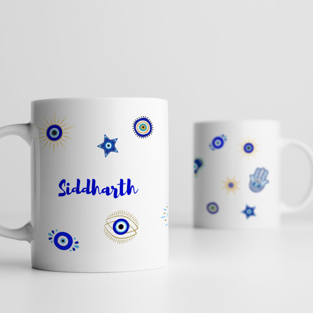 front and back of custom evil eye mug