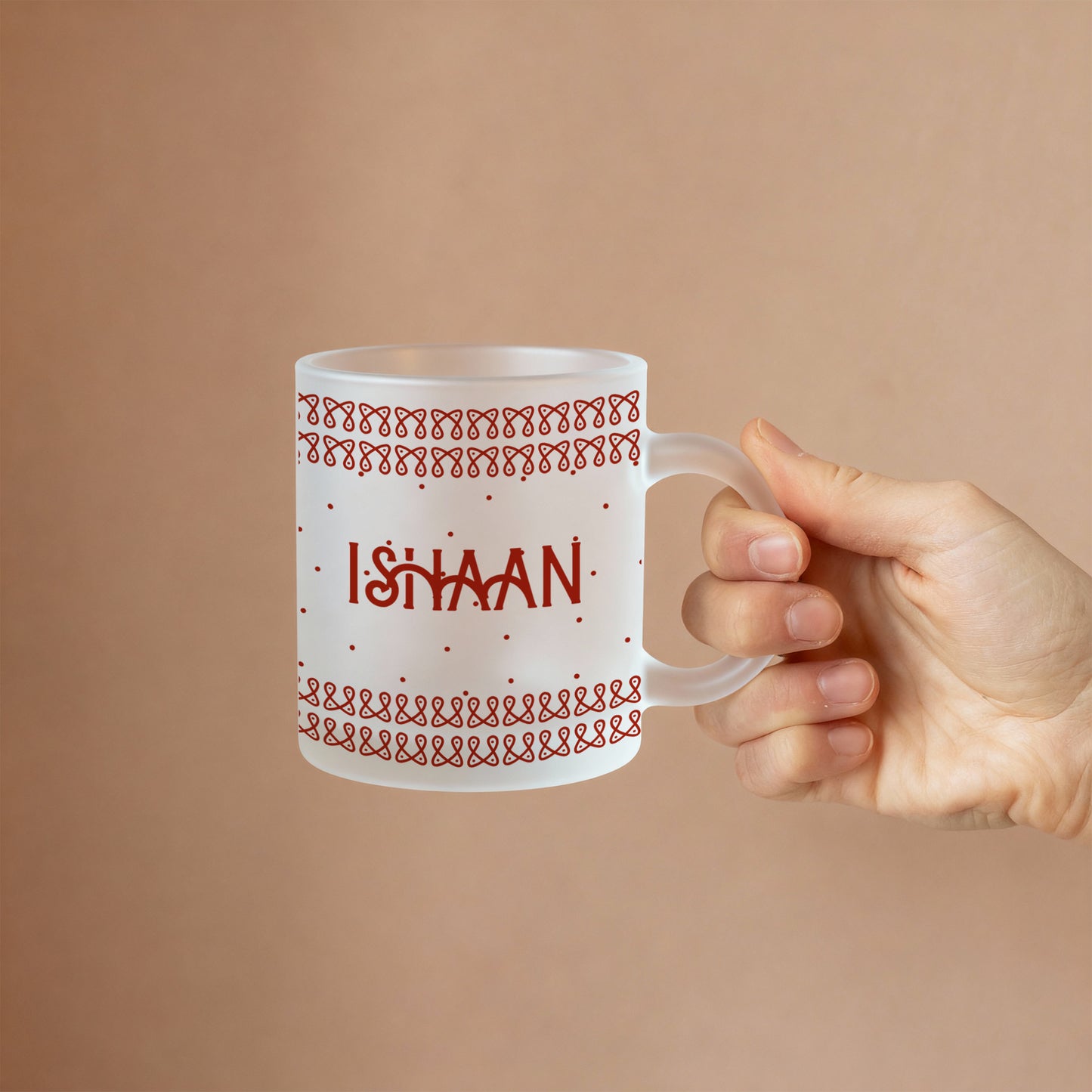 Hand holding personalized frosty mug