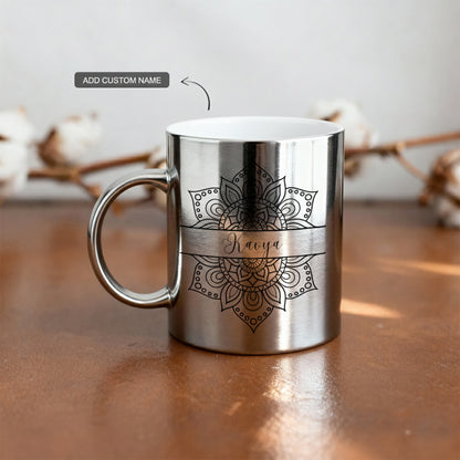 Silver mug with mandala design and custom name