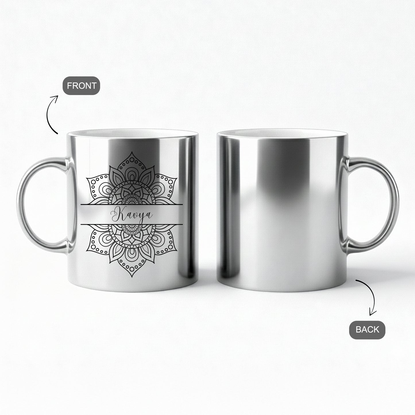 Silver mug with mandala design and custom name