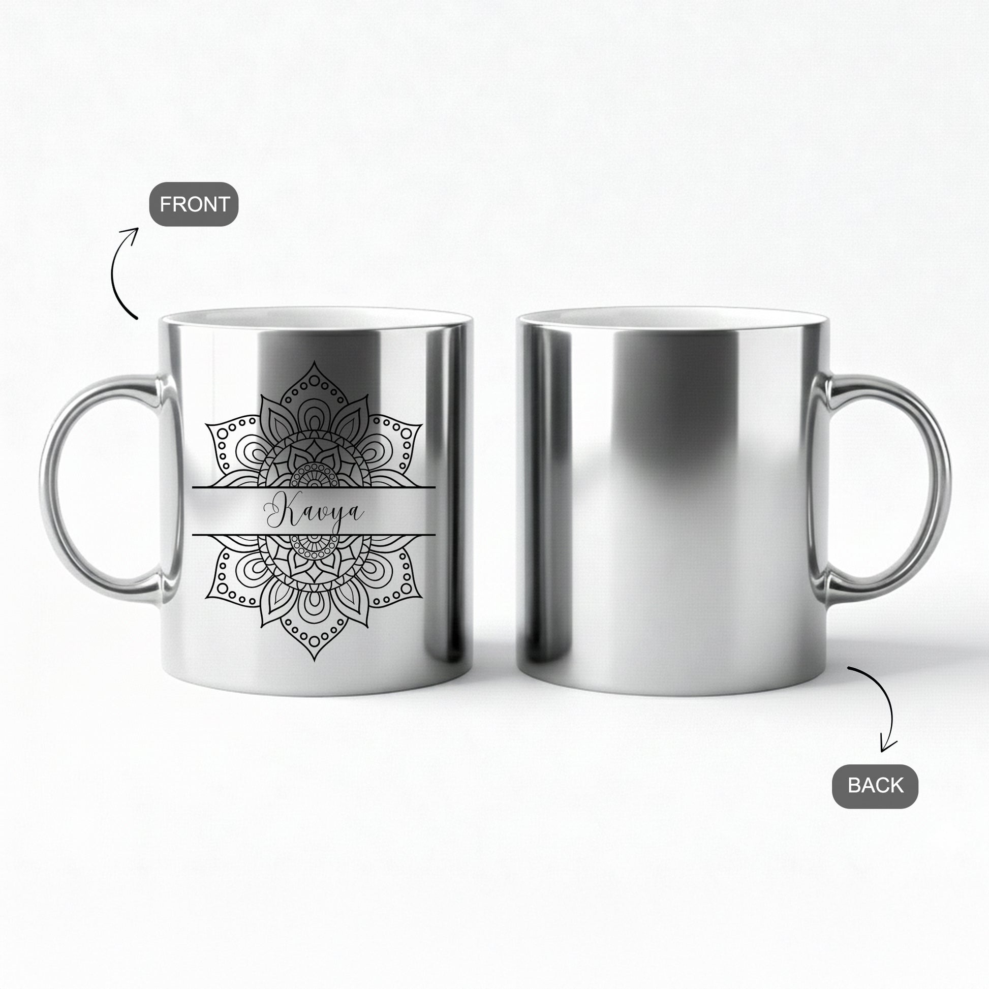 Silver mug with mandala design and custom name