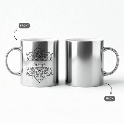 Silver mug with mandala design and custom name