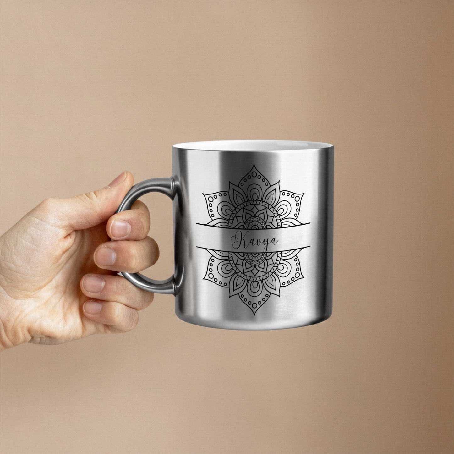 Silver mug with mandala design and custom name