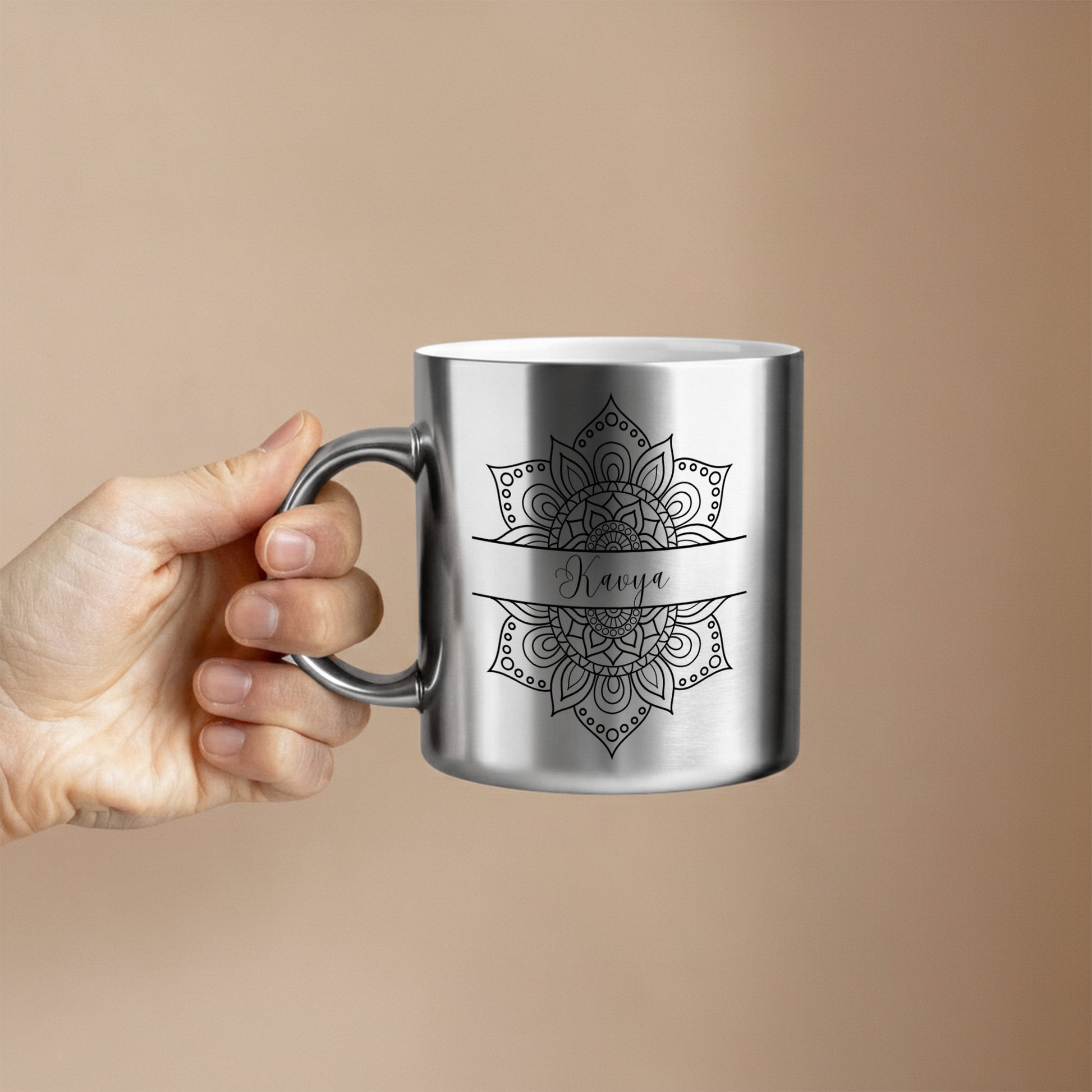 Silver mug with mandala design and custom name