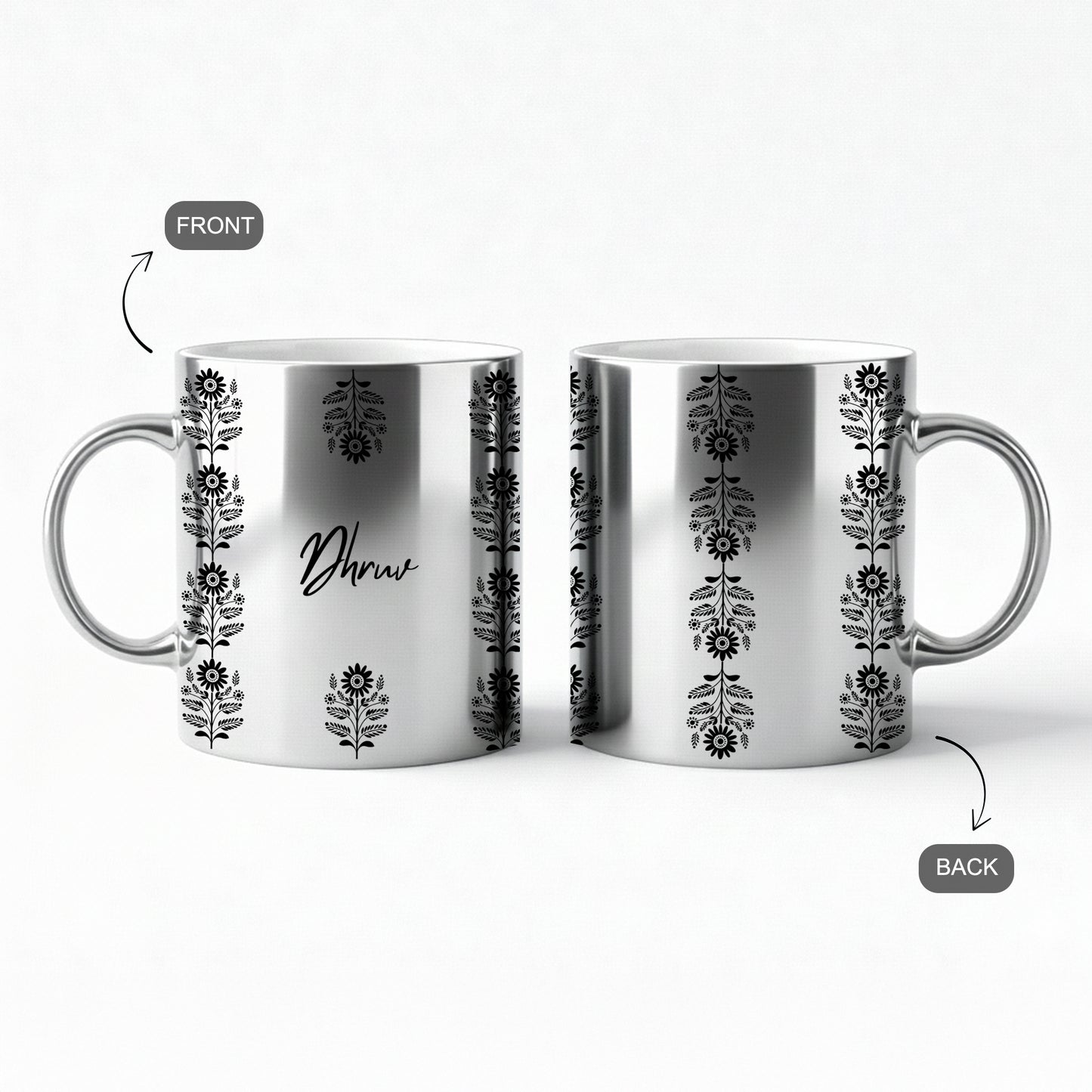 front and back of Silver mug with  custom name