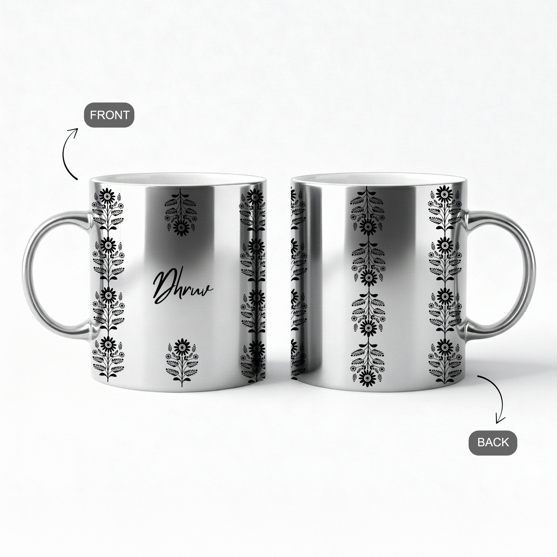 front and back of Silver mug with  custom name